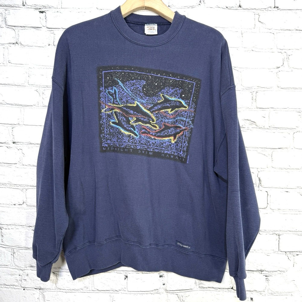 Vintage 90s Crazy Shirt Hawaii‎ Sweatshirt XL Dolphins Midnight Swim Navy USA